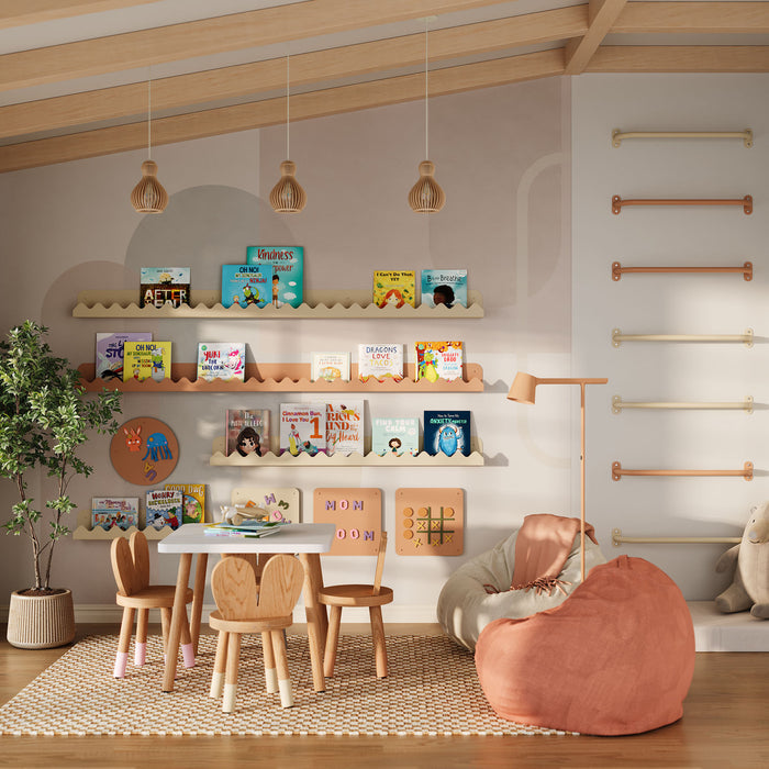 Mountain Picture Ledge displaying children's books with minimalist wall shelf brackets in a cozy reading nook setting