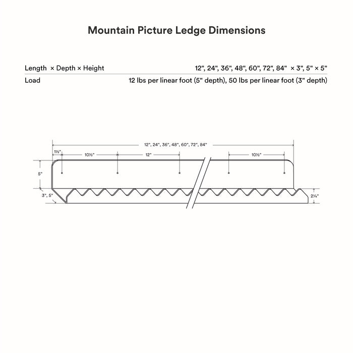 Mountain Picture Ledge line drawing with detailed dimensions and load capacity for versatile display and organization spaces
