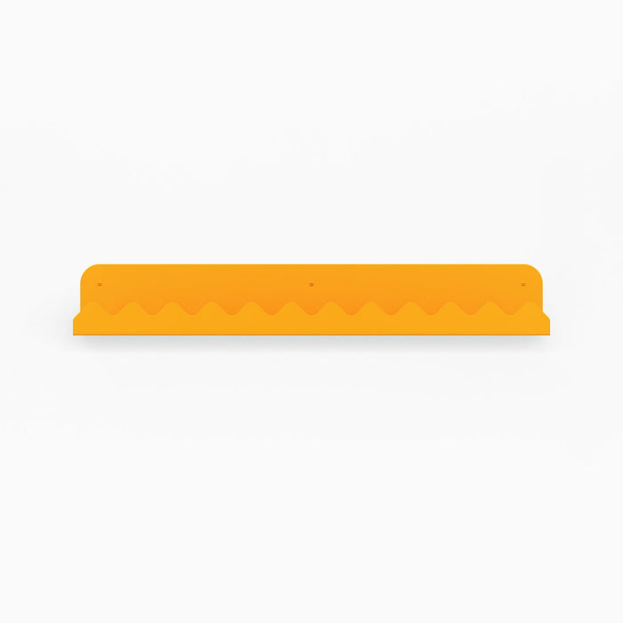 Mountain Picture Ledge in vibrant orange metal with wave-cut edge designed for stylish display and organization by Shelfology