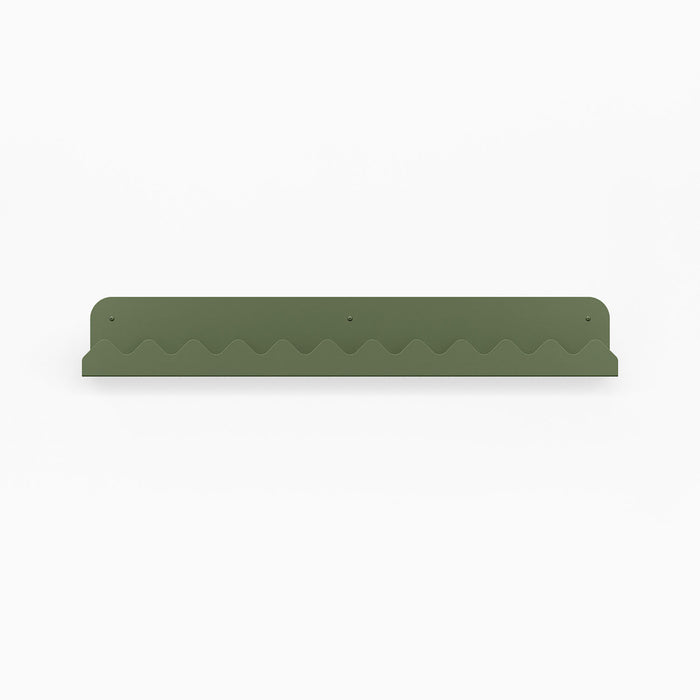 Mountain Picture Ledge in muted green with wave-cut design for stylish display ledge and wall shelf bracket by Shelfology