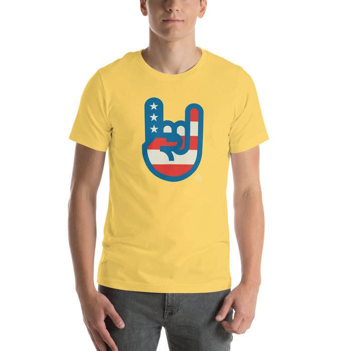 Murica T-shirt in bright yellow with patriotic hand sign graphic in red, white, and blue, casual unisex fit by Shelfology