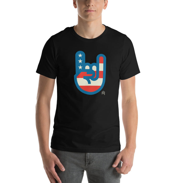 Murica T-shirt in classic black featuring a patriotic red, white, and blue hand gesture graphic by Shelfology