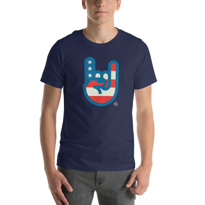 Murica T-shirt in navy blue featuring a patriotic hand sign graphic in red, white, and blue by Shelfology