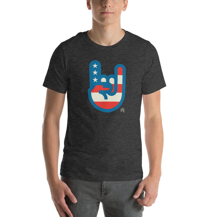 Murica T-shirt in dark grey heather with red, white, and blue patriotic hand graphic by Shelfology