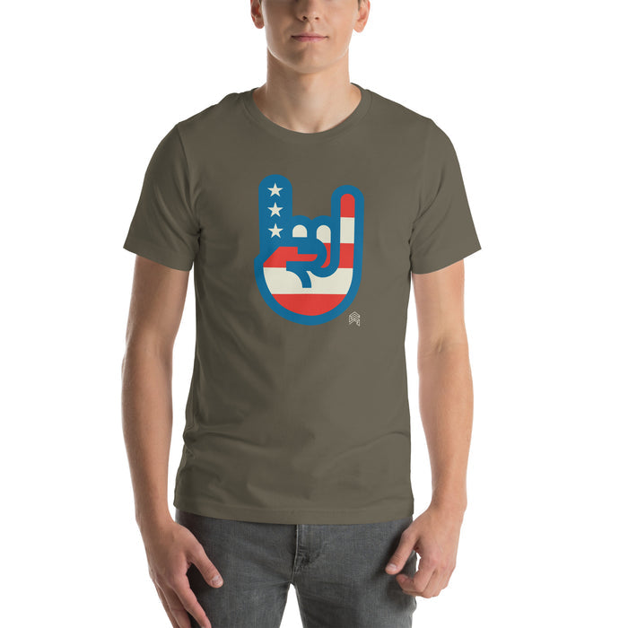 Murica T-shirt in army green with patriotic red, white, and blue hand graphic, casual unisex fit by Shelfology
