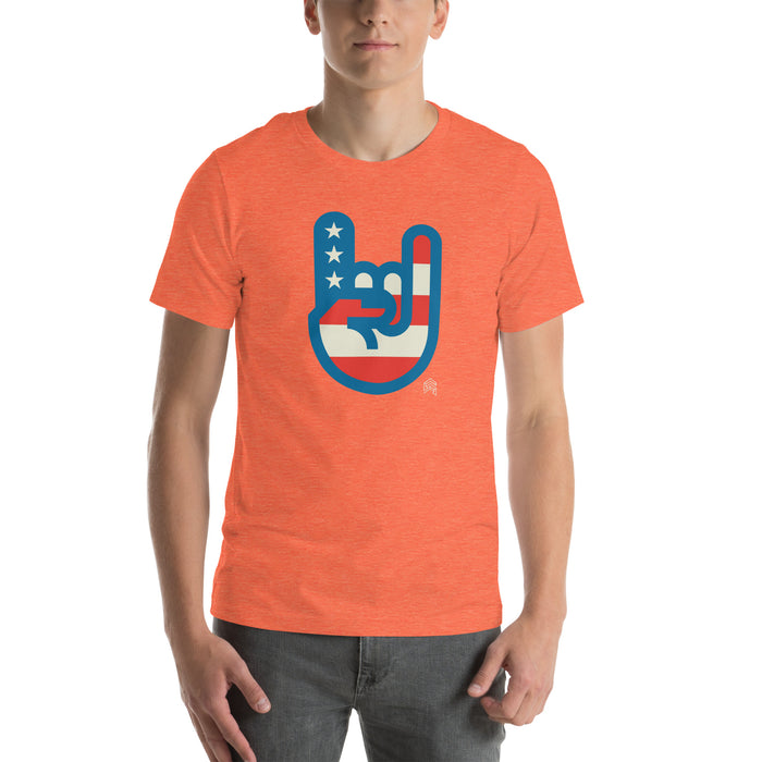 Murica T-shirt in heather orange with a patriotic hand graphic featuring stars and stripes by Shelfology
