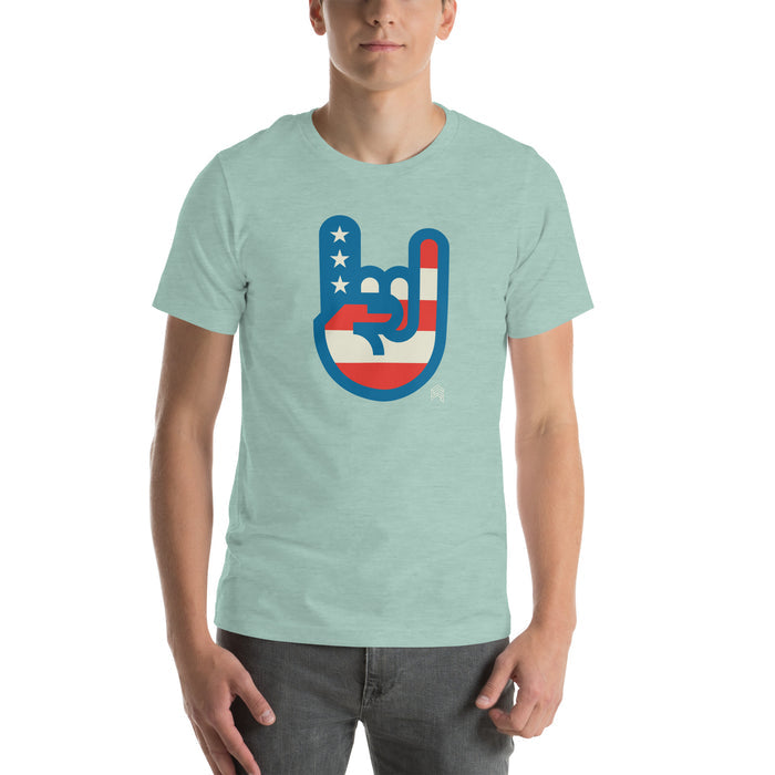 Murica T-shirt in light blue heather with a stylized patriotic hand graphic in red, white, and blue by Shelfology