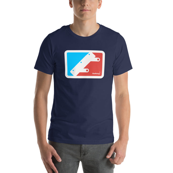 National Bracket Association T-shirt in navy blue with blue and red stylized bracket logo, casual unisex fit by Shelfology