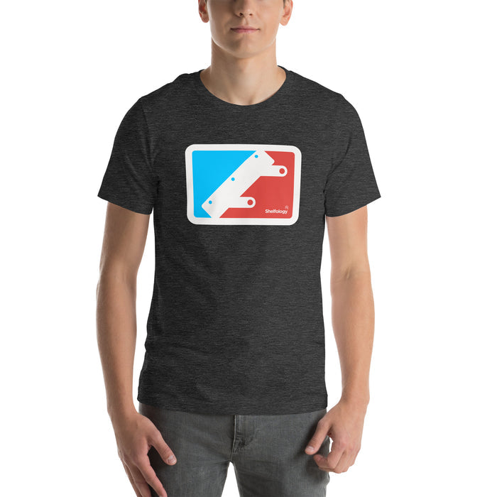 National Bracket Association T-shirt in dark grey heather with minimalist red and blue bracket graphic by Shelfology