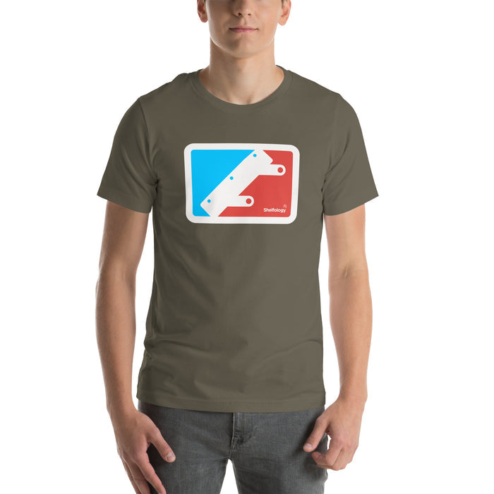 National Bracket Association T-shirt in muted olive with red and blue bracket logo, comfortable unisex fit by Shelfology