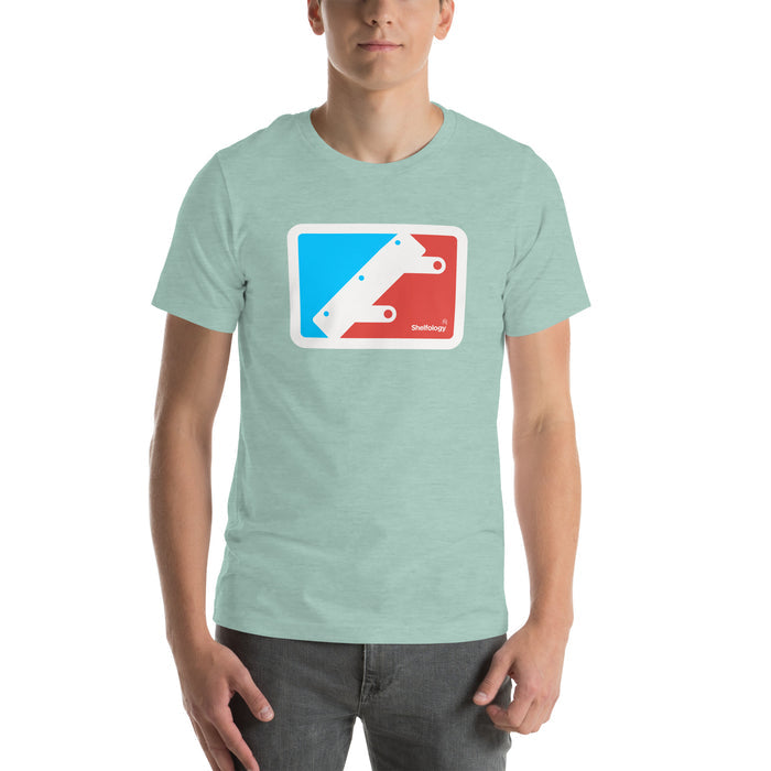 National Bracket Association T-shirt in soft dusty blue with bold red and blue minimalist bracket graphic by Shelfology