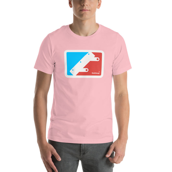 National Bracket Association T-shirt in soft pink with bold red and blue bracket logo, modern unisex fit by Shelfology