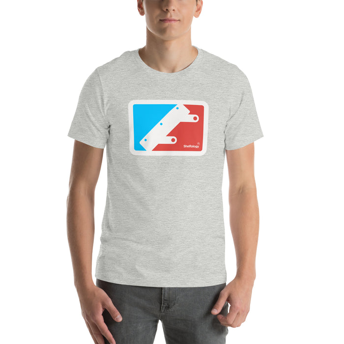National Bracket Association T-shirt in light athletic heather with bold red and blue bracket logo by Shelfology