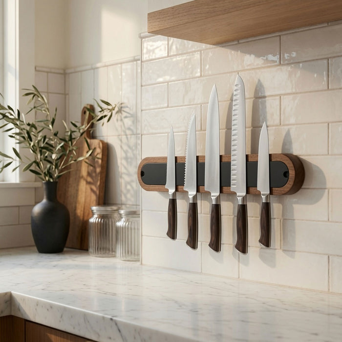 Nico Knife Rail mounted on tiled kitchen wall holding five knives with wooden handles, showcasing mixed-material functional wall organization.