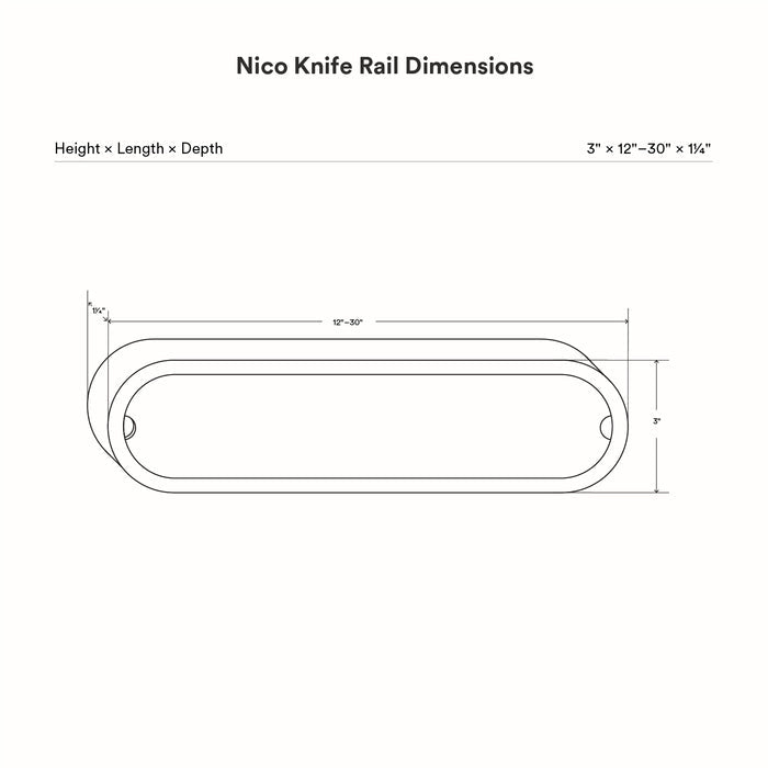 Technical dimension diagram of the Nico Knife Rail showing height of 3 inches, adjustable length from 12 to 30 inches, and depth of 1¼ inches in a minimalist design.