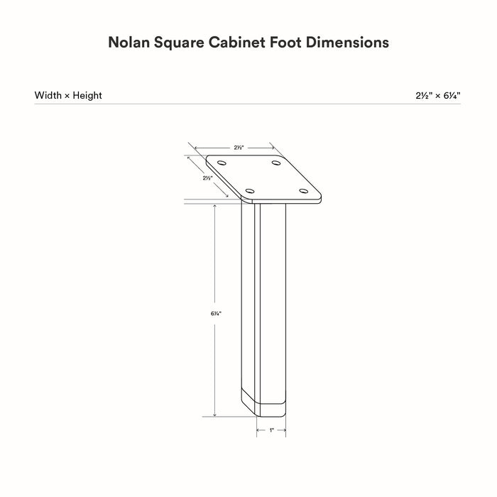Technical line drawing of Nolan Square Cabinet Foot Hardware highlighting its square top plate and vertical support with precise width and height measurements.