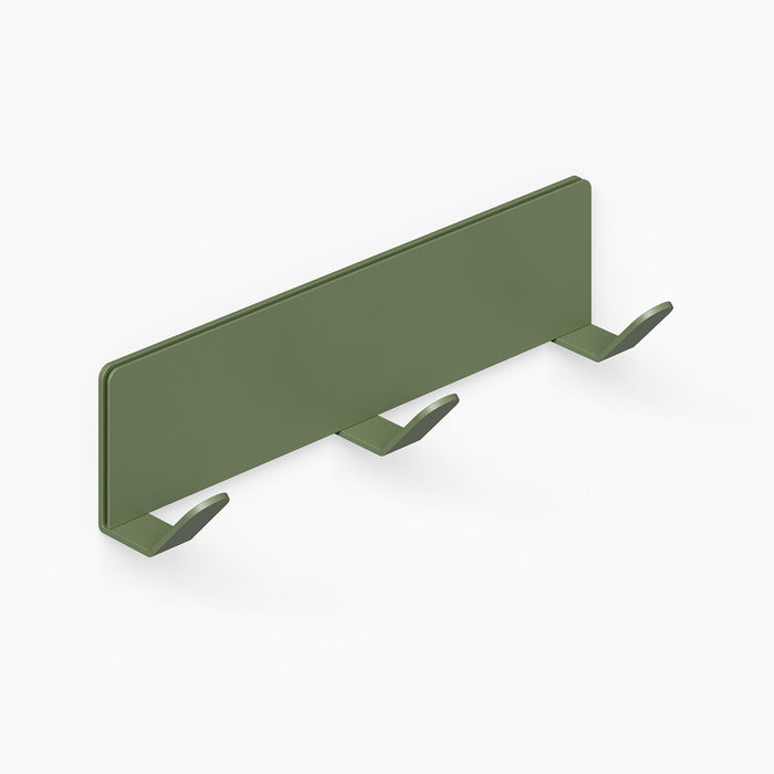 Of Course Wall Hook in matte army green steel, minimalist three-hook design for organizing and displaying items while maximizing wall space.
