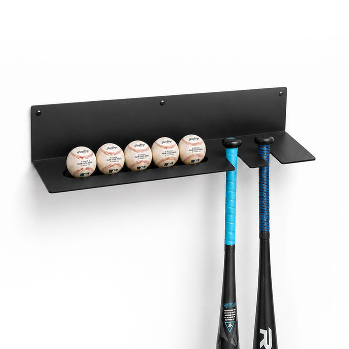 On Deck Baseball & Softball Shelf in black steel with wall-mounted design holding four game balls and two bats for streamlined gear organization and display.