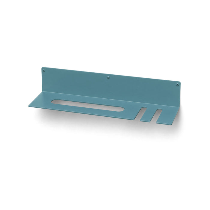 On Deck Baseball & Softball Shelf in steely blue powder-coated steel with wall-mounted design featuring slots for baseballs and bats for organized gear storage.