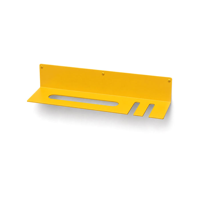 On Deck Baseball & Softball Shelf in honey mustard powder-coated steel with wall-mounted design holding two bats and multiple game balls for organized display.