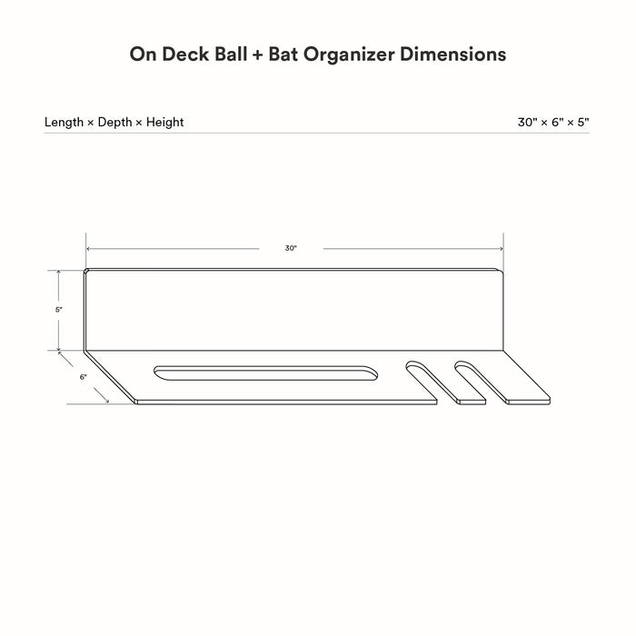 On Deck Baseball & Softball Shelf dimension diagram showing a minimalist wall-mounted metal organizer measuring 30 by 6 by 5 inches for baseball and bat storage.