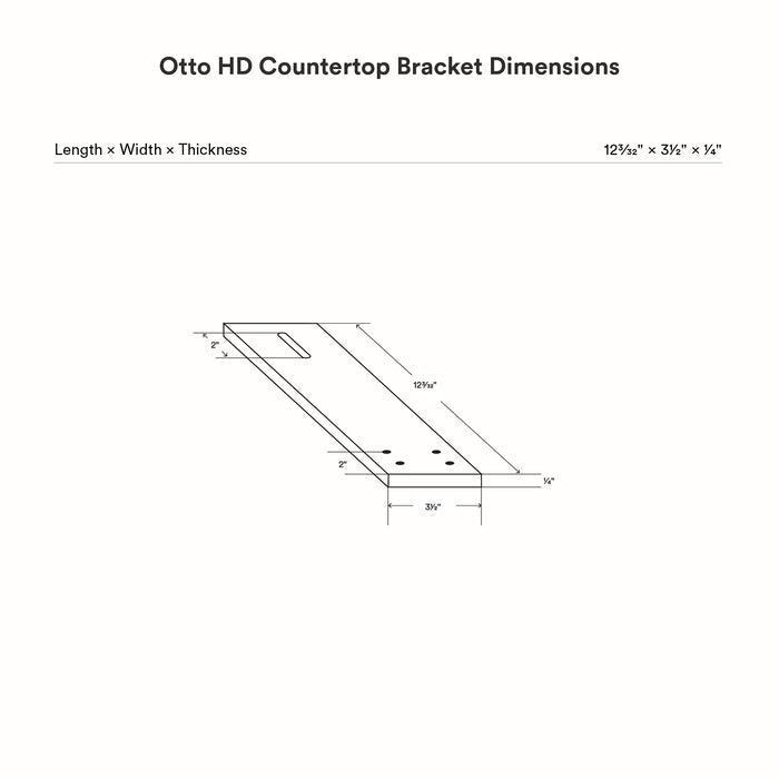 Line illustration detailing dimensions of Otto Countertop Bracket showing length of 12 9/16 inches, width of 3 1/2 inches, and thickness of 3/4 inch for durable floating shelf support