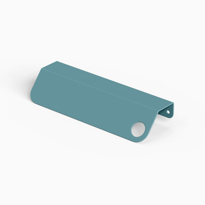 Peek Cabinet Pull in steely blue steel with streamlined edge and circular cutout for modern cabinet hardware and organization