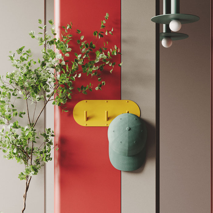 Peggy Round 3 Wall Hook in yellow steel with three hooks, featuring a minimalist design for practical wall organization by Shelfology