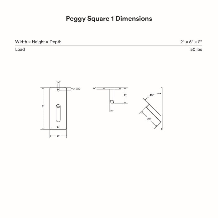 Peggy Square 1 Wall Hook with steel and wood construction showing detailed minimalist dimensions and load capacity.