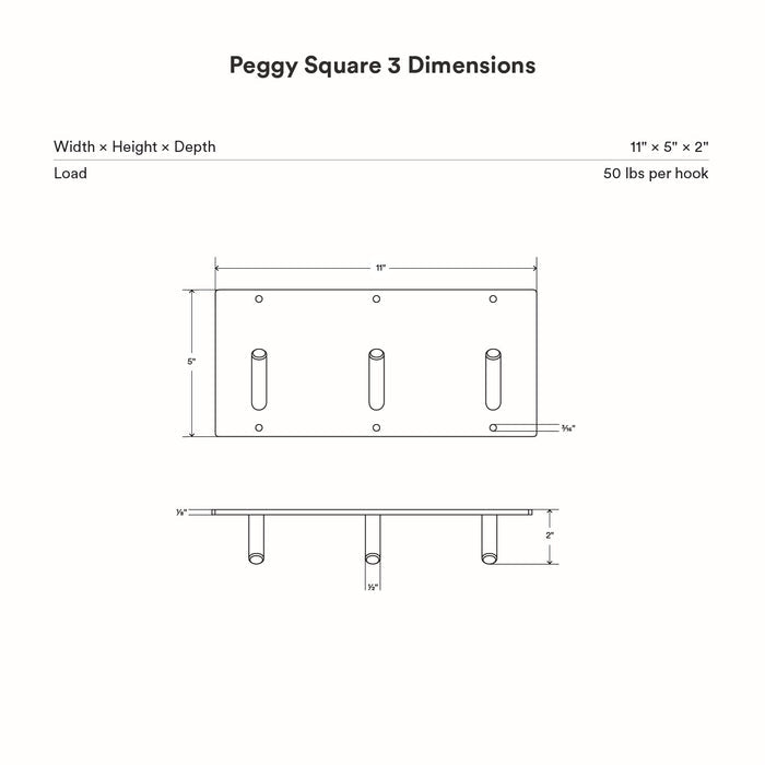 Peggy Square 3 Wall Hook with minimalist steel design supporting up to 50 lbs per hook for functional organization