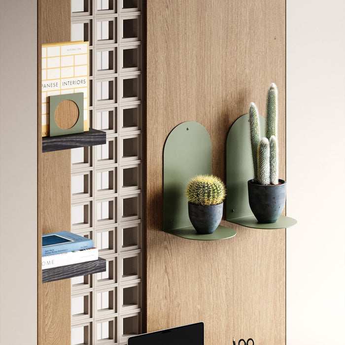 Perch Round Plant Shelf in soft green steel with sleek modern design for elegant wall display and organization
