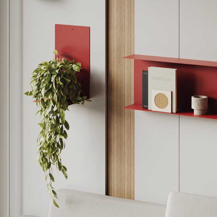 Perch Square Plant Shelf in red steel with cascading greenery for elegant wall display and modern shelf & wall organization