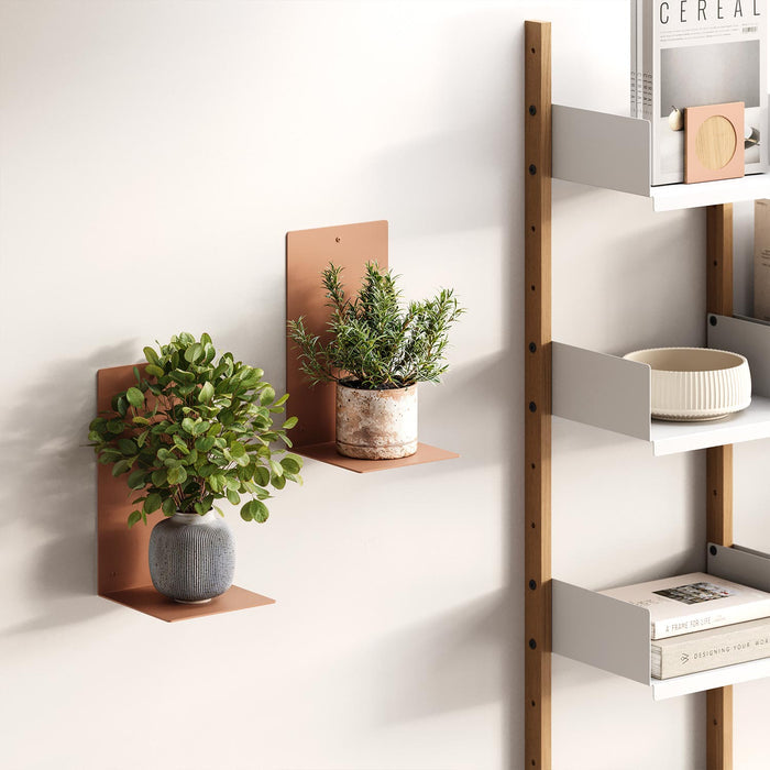 Perch Square Plant Shelf in red steel with compact design showcasing potted greenery for stylish wall display and organization