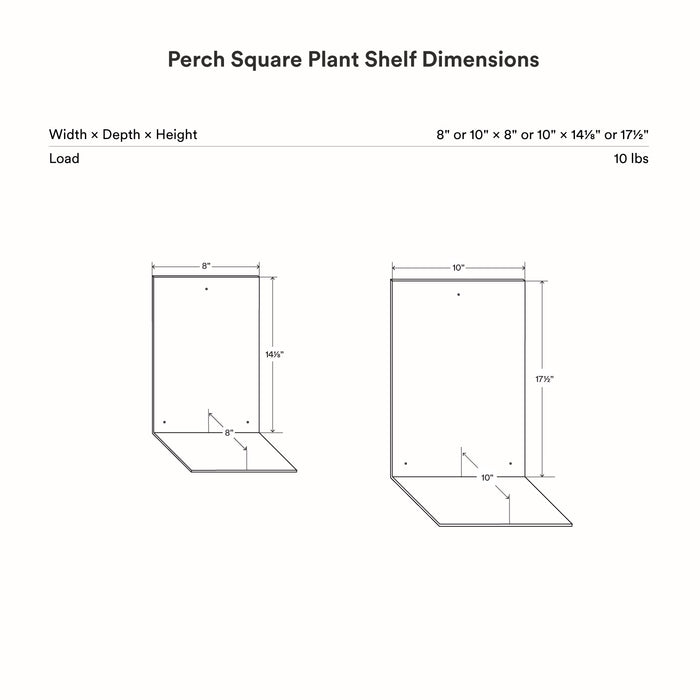 Perch Square Plant Shelf technical drawing showing dimensional options for narrow and wider wall-mounted display ledges