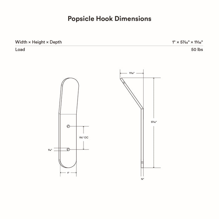 Popsicle Wall Hook in steel with rounded edges, detailed dimensions, and mounting hole spacing for precise installation by Shelfology