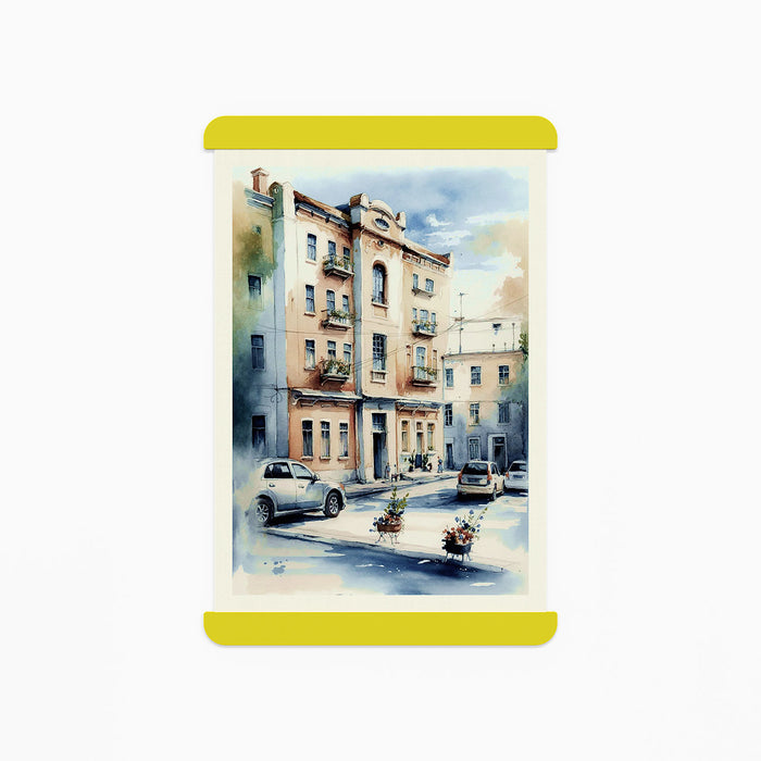 RADius Magnetic Print Hanging System in bright yellow steel displaying a vibrant urban watercolor artwork
