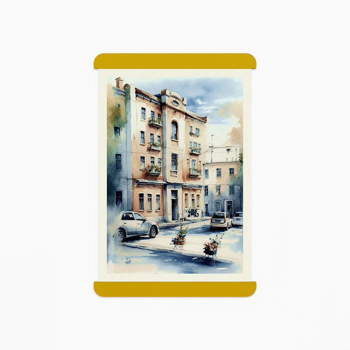 RADius Magnetic Print Hanging System in warm honey mustard steel holding a vibrant urban watercolor print