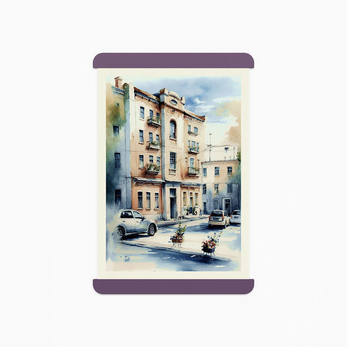 RADius Magnetic Print Hanging System in muted purple steel holding a cityscape watercolor print with soft architectural details
