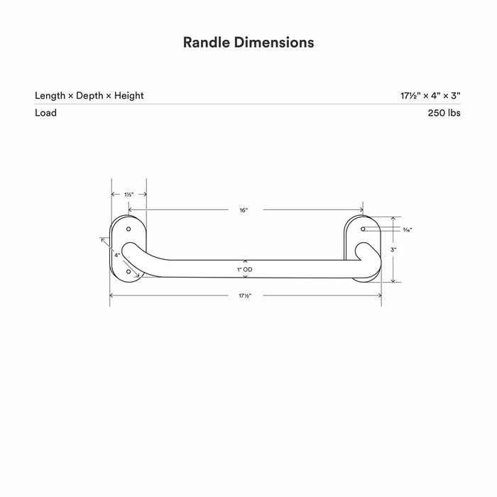 Technical line drawing of the Randle 16" (New) Monkey Bars + Wall Ladder showing detailed dimensions and load capacity of 250 lbs for sturdy wall-mounted play equipment.