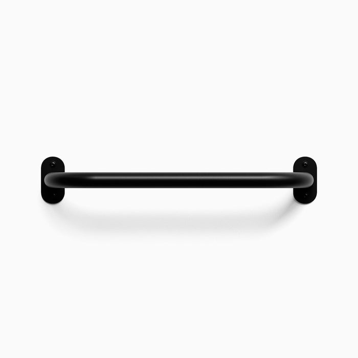 Front view of a blackmatte colored Randle monkey bar handle. Fasteners are visible, mounted against a white wall background.