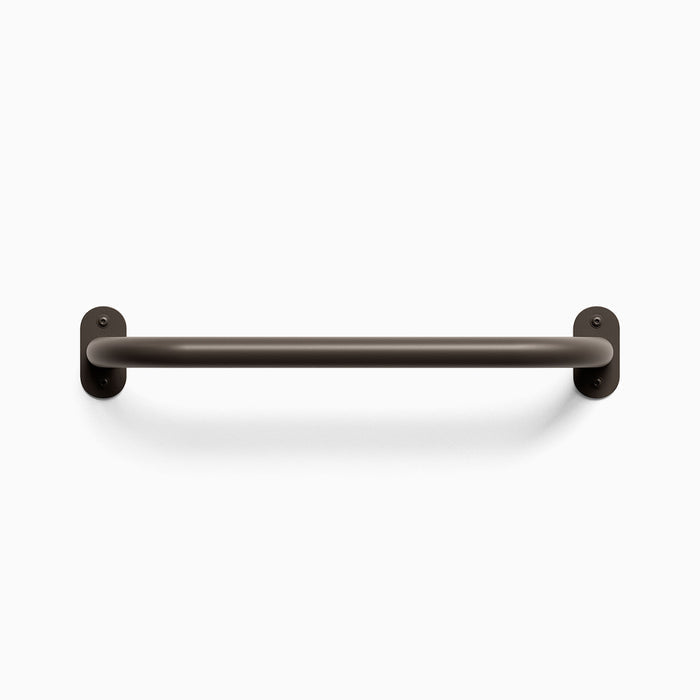 Front view of a tungsten colored Randle monkey bar handle. Fasteners are visible, mounted against a white wall background.