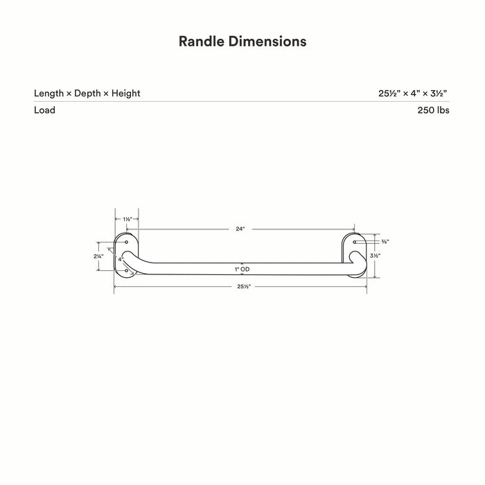 Technical line drawing of the Randle 24" Monkey Bars + Wall Ladder - Bulk Clearance showing overall dimensions, mounting points, and 250-pound load capacity.