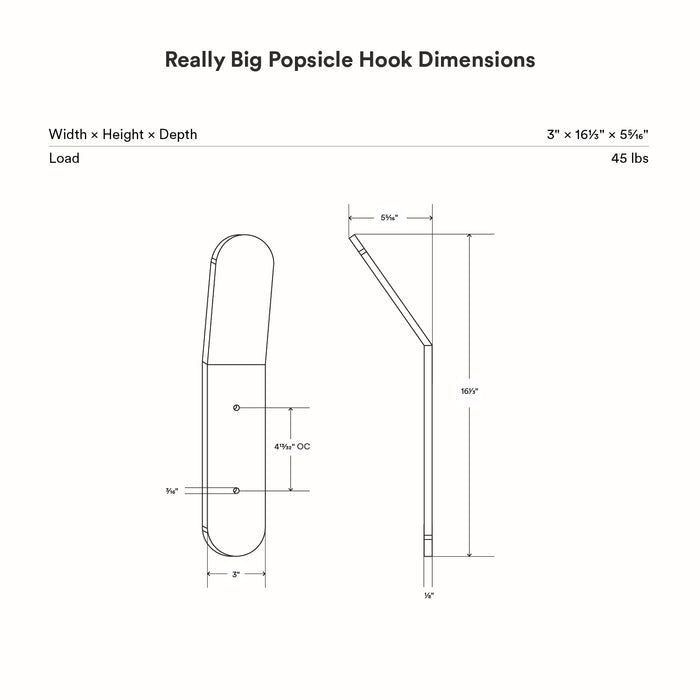 Really Big Popsicle Wall Hook technical line drawing with detailed dimensions and load capacity for installation guidance