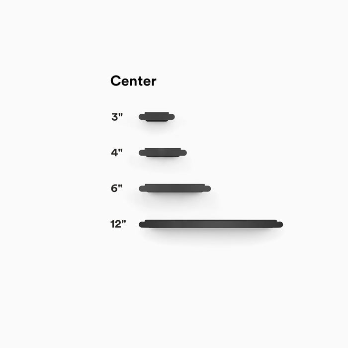 Rem Cabinet Pull - Left in matte black finish displayed in four sizes for versatile shelf and cabinet hardware options