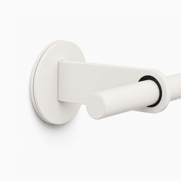 Minimalist white metal wall-mounted bracket from the Ringo Curtain Rod Kit, showcasing a sleek and functional design for versatile home organization.