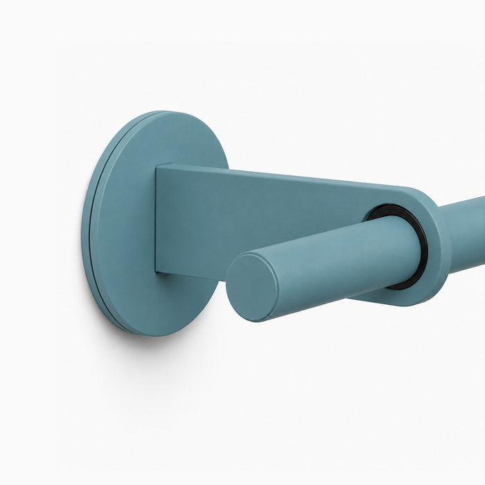 Close-up of the matte blue Ringo Curtain Rod Kit wall mount detail, showcasing minimalist design and durable construction for customizable shelving and display solutions.