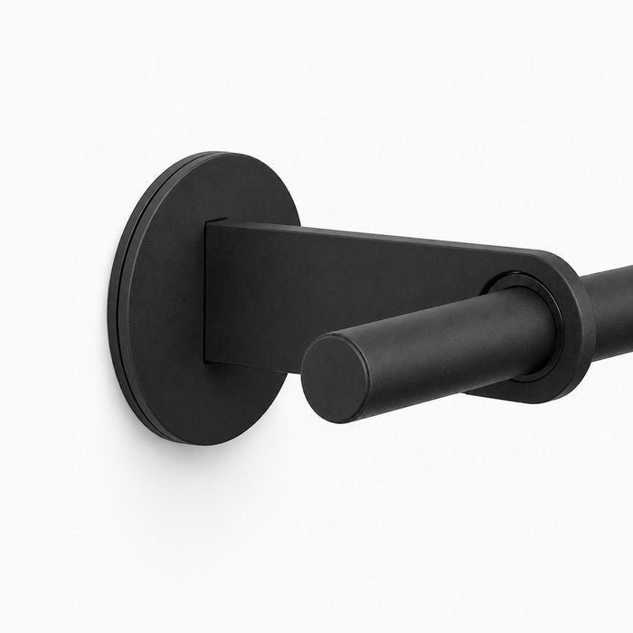 Close-up of a matte black wall-mounted bracket from the Ringo Curtain Rod Kit, showcasing durable rust-resistant steel construction for sleek modern decor.