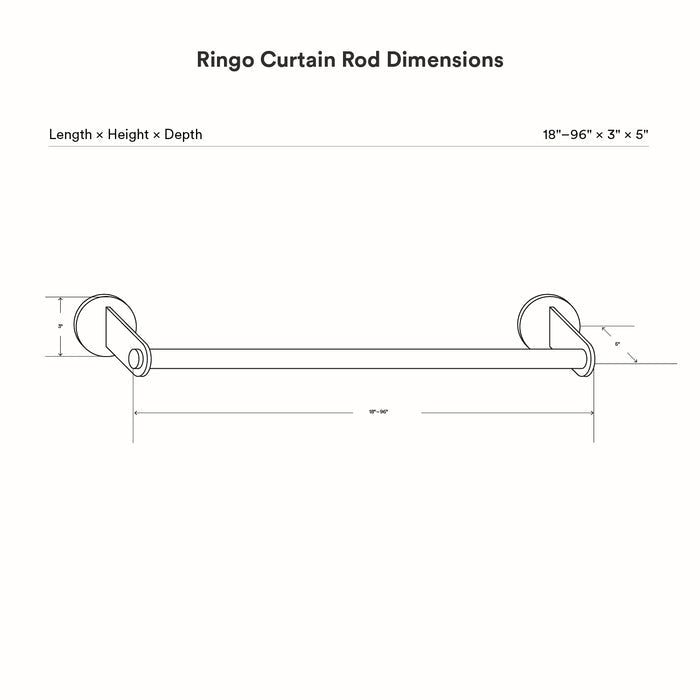 Technical line drawing showing dimensions of the Ringo Curtain Rod Kit with adjustable length from 18 to 96 inches and a simple, minimalist design.