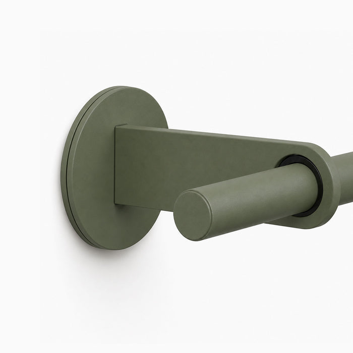 Ringo Curtain Rod Kit in matte olive green finish, showcasing minimalist American-made design perfect for durable wall display and organization.