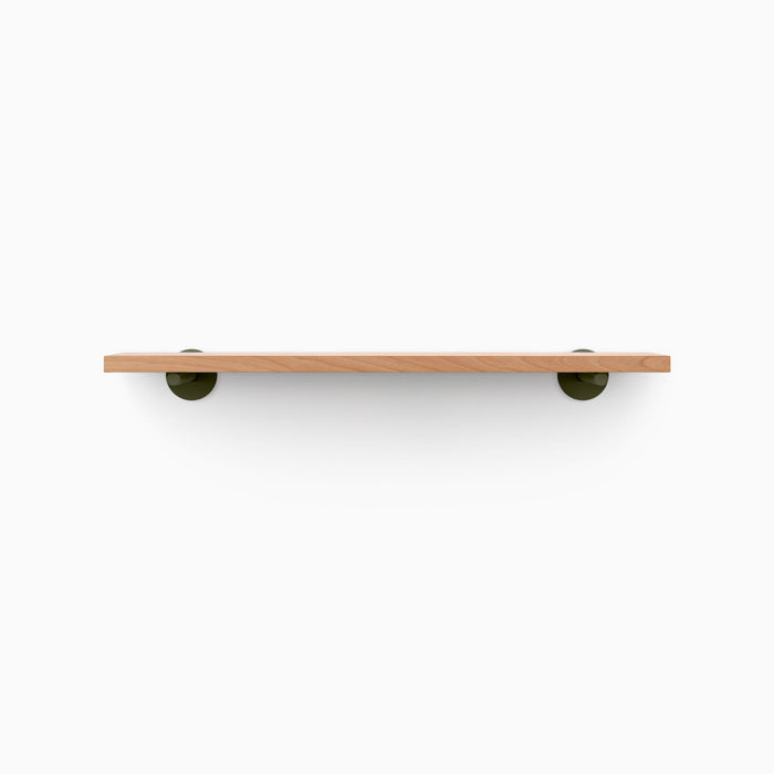 Roderick Alder Wall Shelf with natural alder wood and forest green metal floating shelf brackets for modern wall display and organization